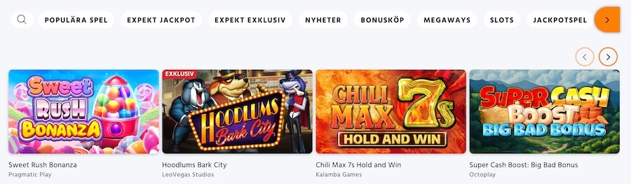 Expekt casino spiludvalg – slots og populære spilleautomater (skærmbillede)